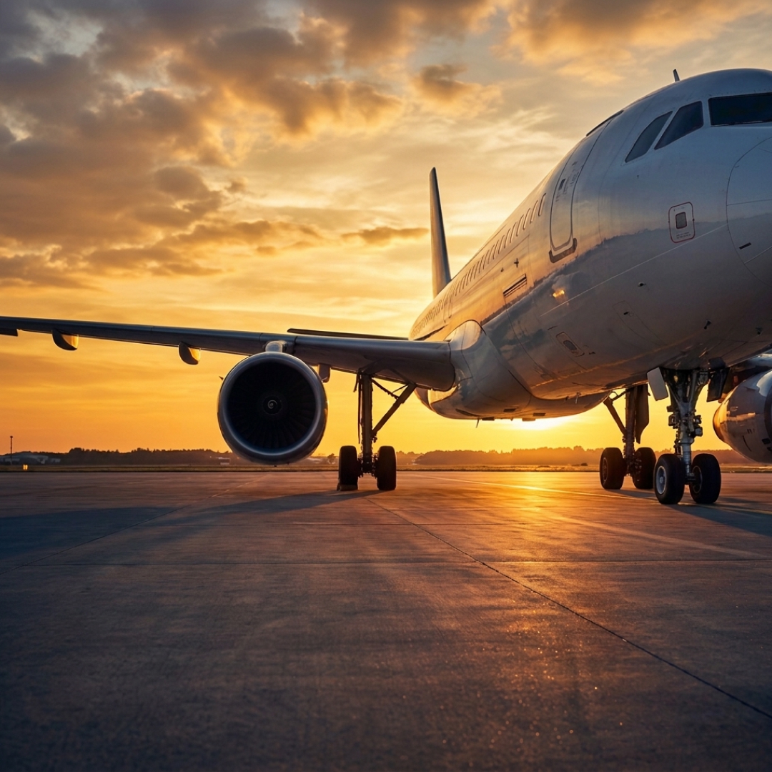 Flygplan på flygplats i solnedgång med texten Renlighet på högsta höjd